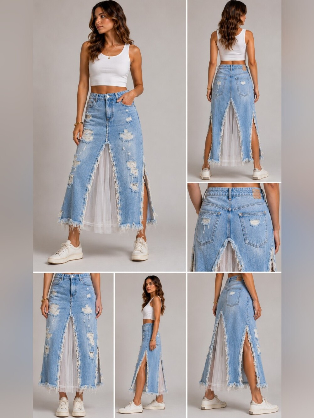 Insane Gene Women's Distressed Wide Leg Jeans With Tulle Insert Light Wash